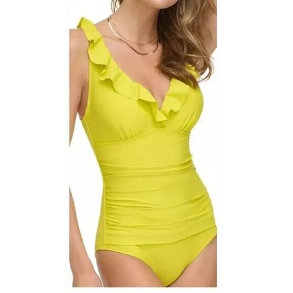 DKNY Yellow/Gold Ruffle One-Piece Designer Bathing Suit Swimwear Size S New/Tags - Picture 1 of 2